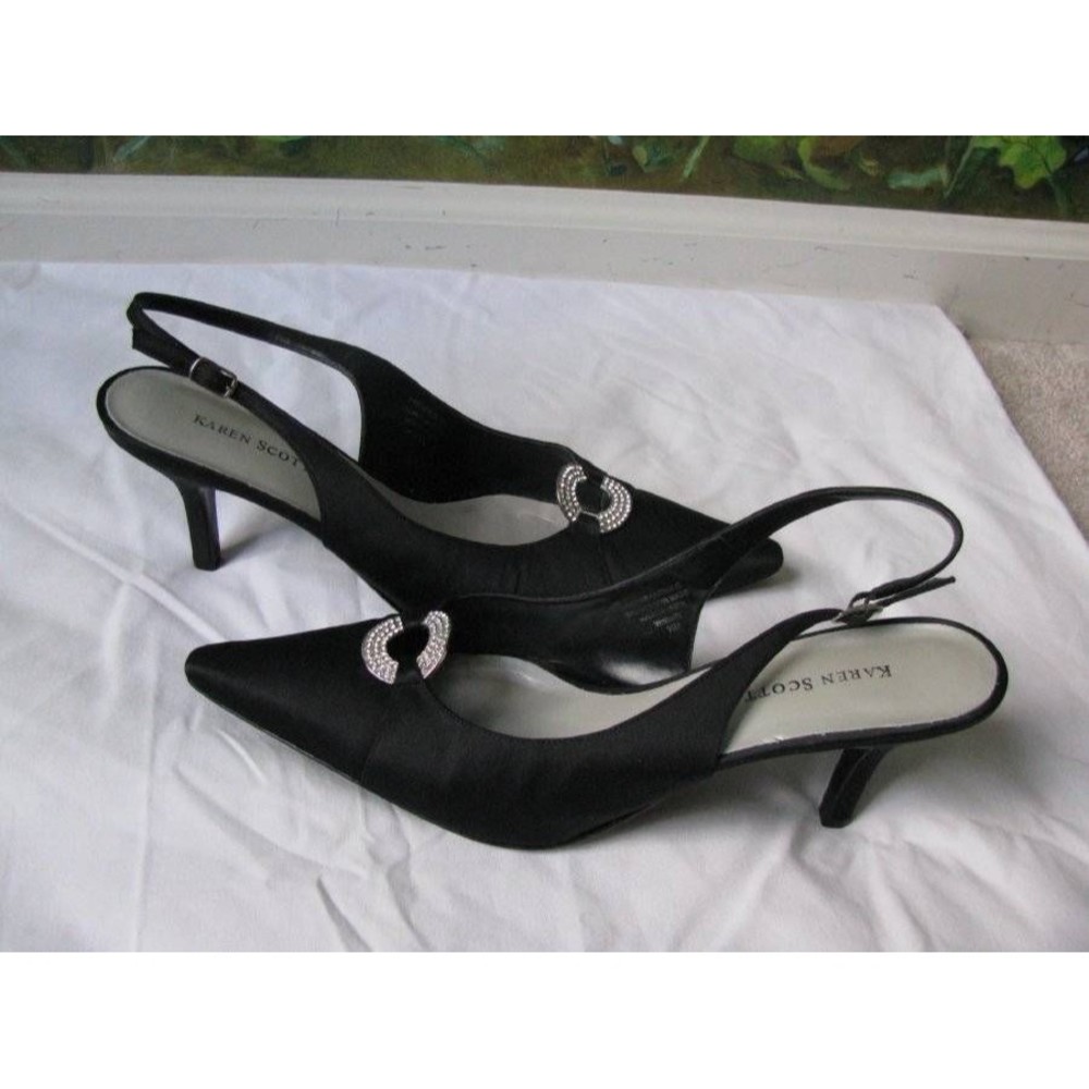 Karen Scott Women's  Black Heels Satin Leather out-sole Sandal Shoes SZ 10M New